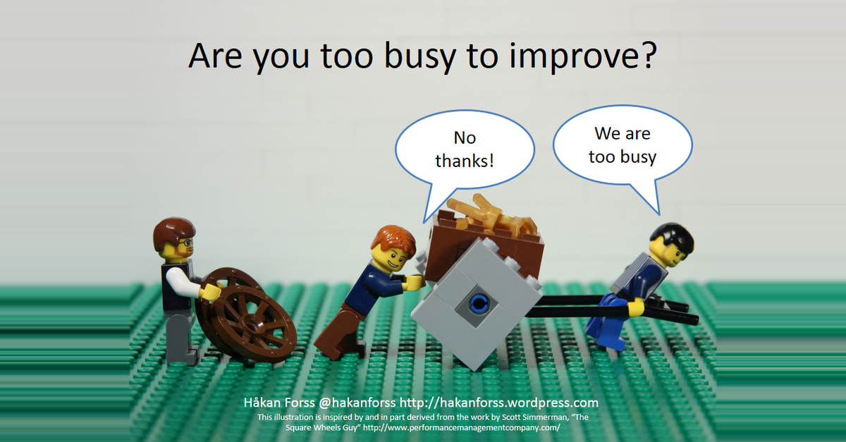 LEGO figures dragging a cart on square wheels, too busy to accept the round wheels being offered